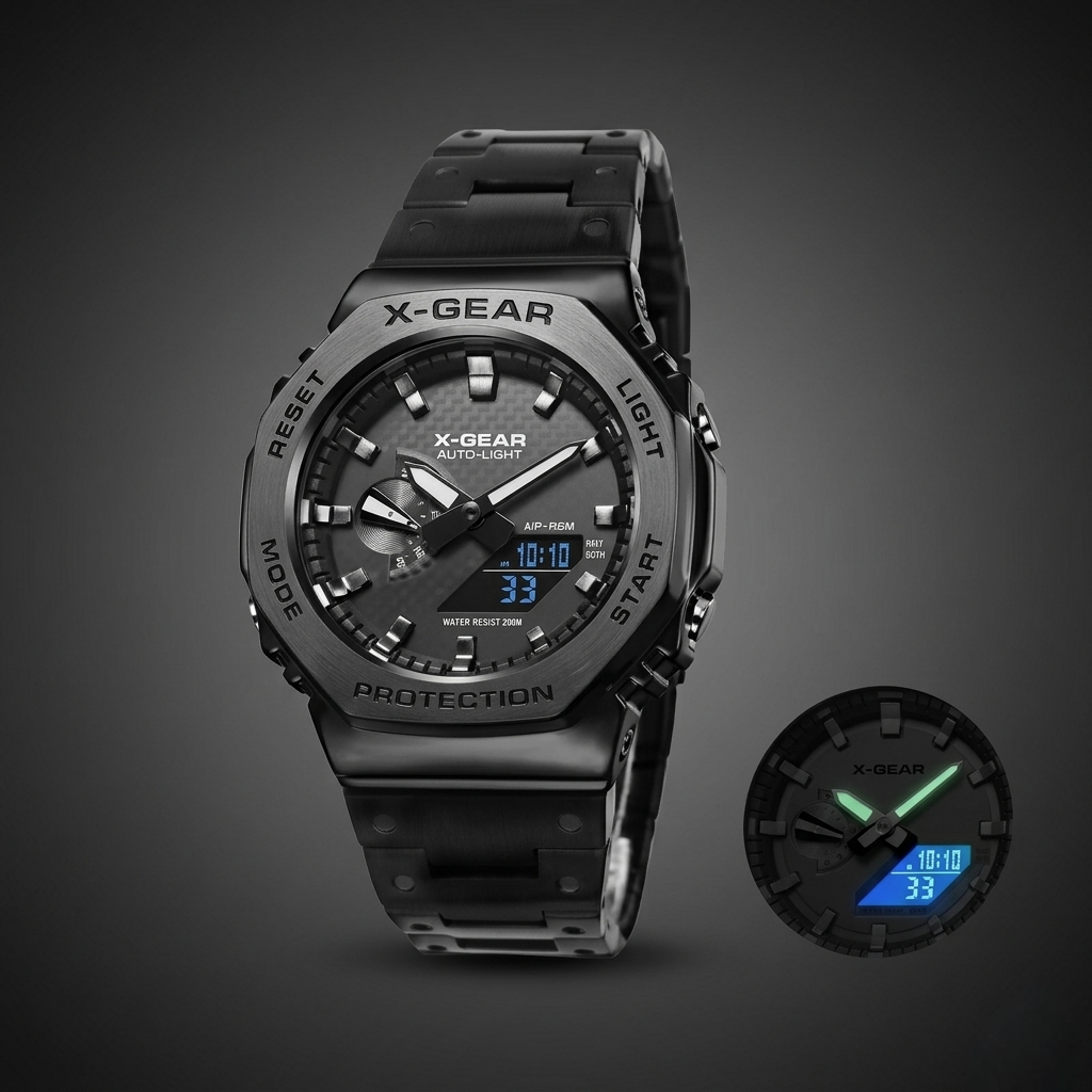 Haseeb Noir™ Original X-GEAR Evolution Digital Sports Watch – Luxury Dual Display LED Steel Strap Watch